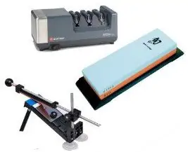 There are a few kinds of sharpeners out there. Electric, a simple whet stone, & a manual sharpening system are shown above.