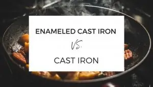 enameled cast iron vs. cast iron text skillet behind