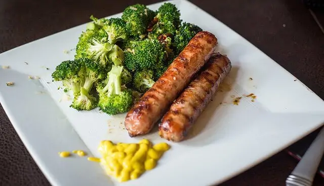 Brats and broccoli with, of course, mustard.