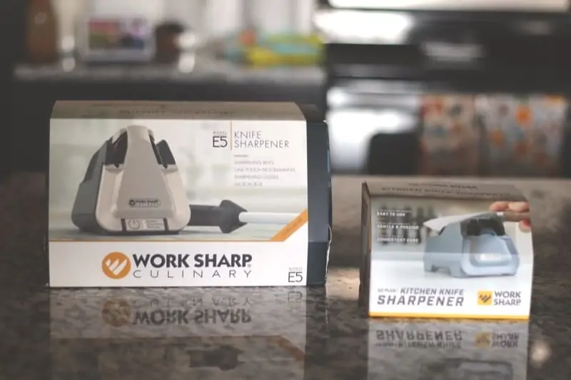 work sharp culinary package and kitchen knife sharpener on kitchen counter