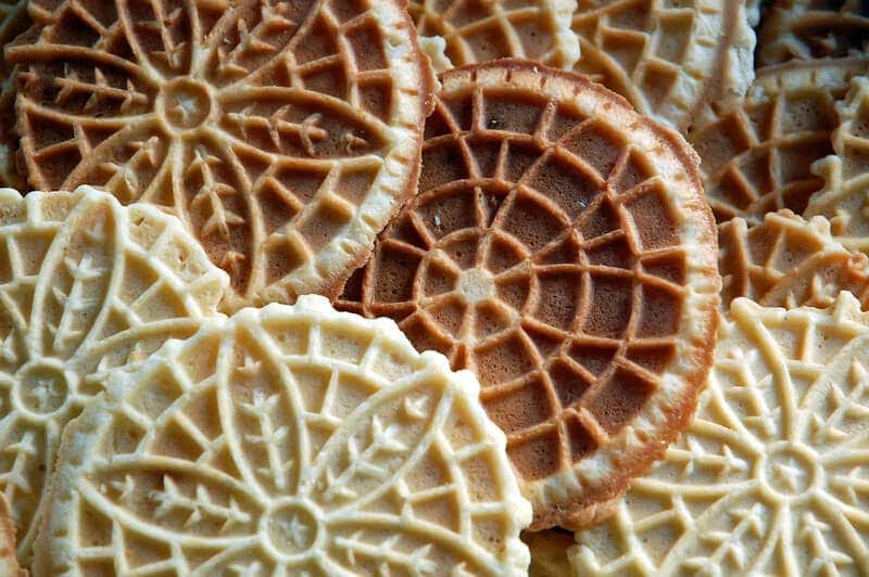 tan pizzelles with flower design