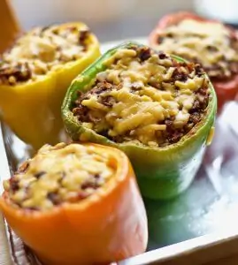 multicolor stuffed peppers in pan