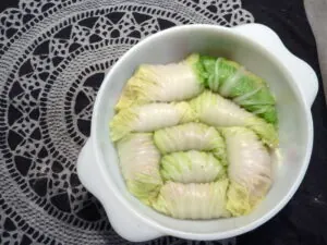 cabbage rolls in white bowl