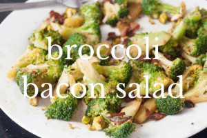 broccoli bacon salad on white plate