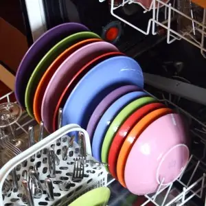 colorful dishes in dishwasher