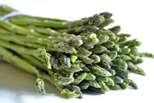 bunch of fresh asparagus on white background