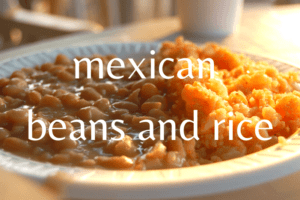 mexican rice and beans on white plate