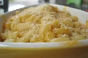 close up of white bowl with mac and cheese