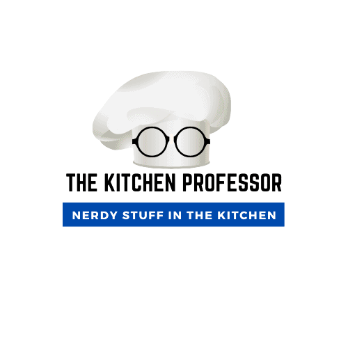 kitchen professor chef's hat with nerdy glasses blue logo tagline