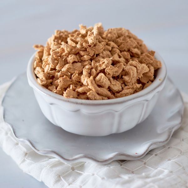 textured vegetable protein in a porcelain bowl