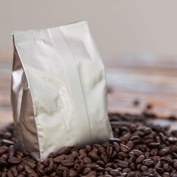 coffee grounds in a foil bag