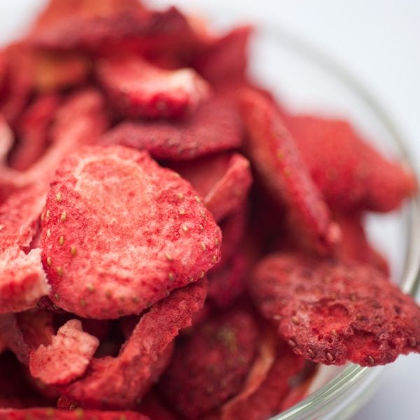 dehydrated strawberries in a glass bowl