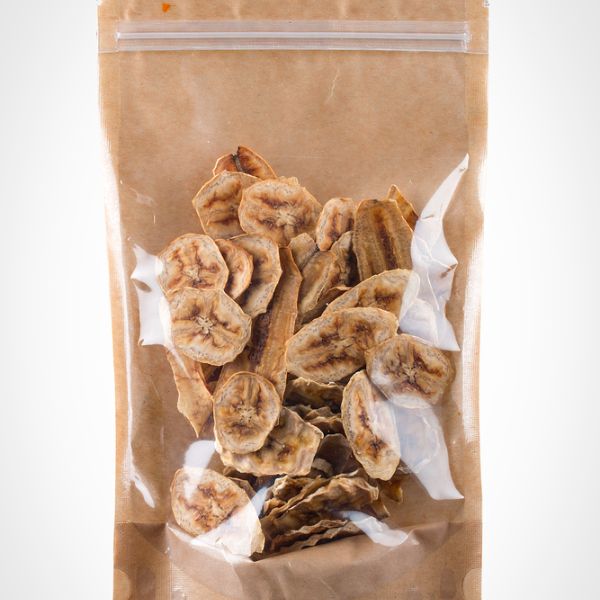 dried bananas packaged in a paper ziplock bag