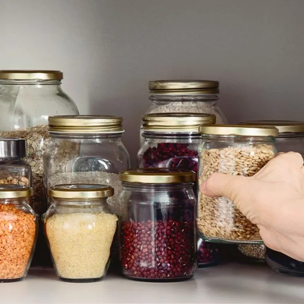 pantry of various dried foods in a jars