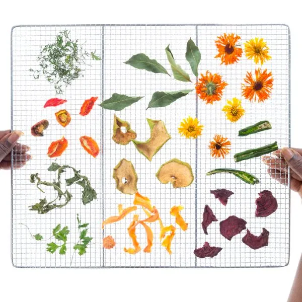 various plants and vegetables on a dehydrator tray