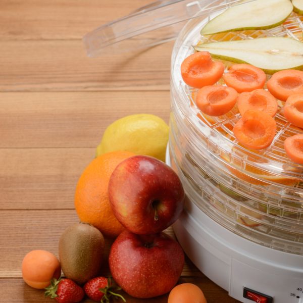 fresh fruit next to a stackable dehydrator