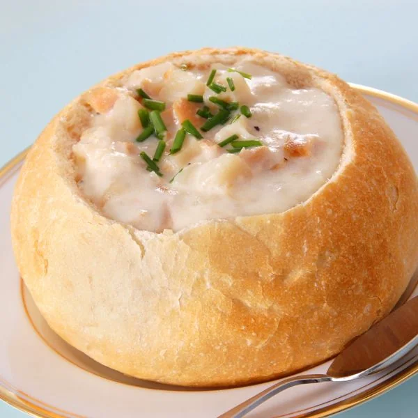 New England Clam Chowder served in a bread bowl