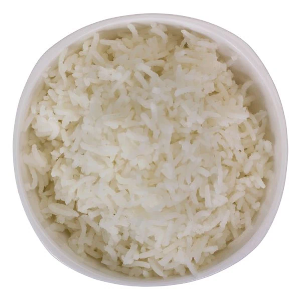 A white bowl of white rice on a white background