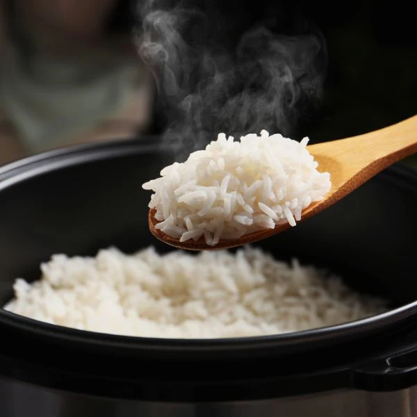 Freshly cooked rice on a spoon from a rice cooker