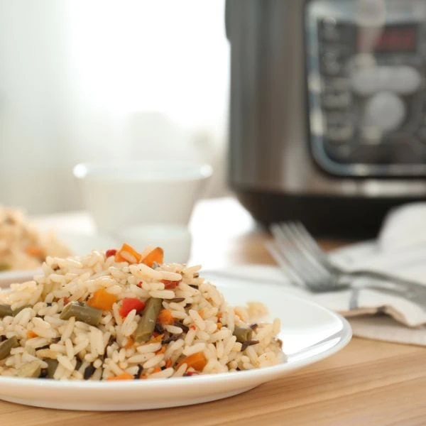 Rice dish in front of a slow cooker