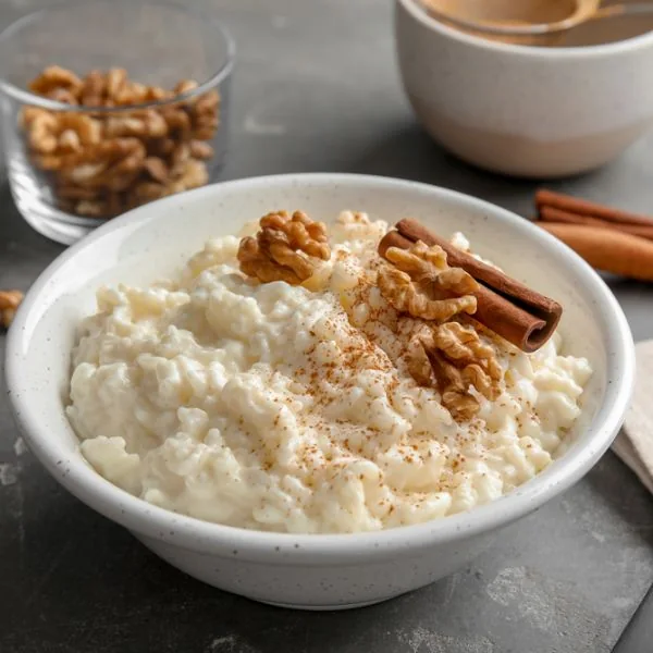 Rice pudding with cinnamon and walnuts on top