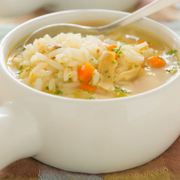 Rice soup in a white bowl