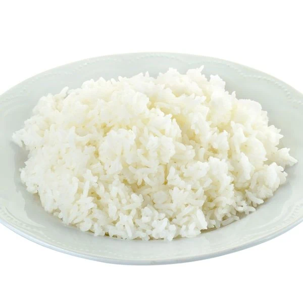 White rice on a white plate on top of a white background