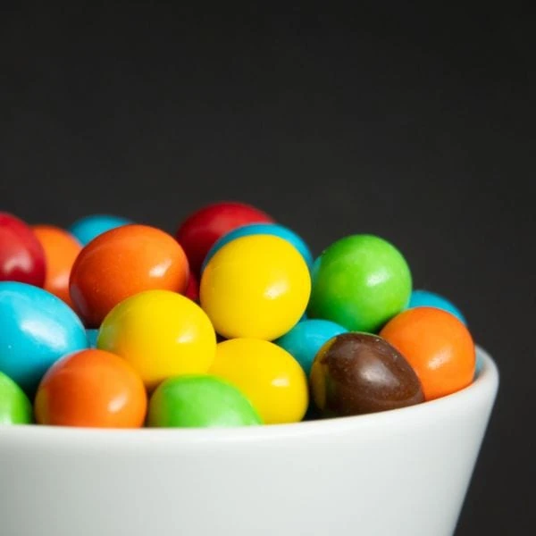 Close-up of m&m's in a bowl