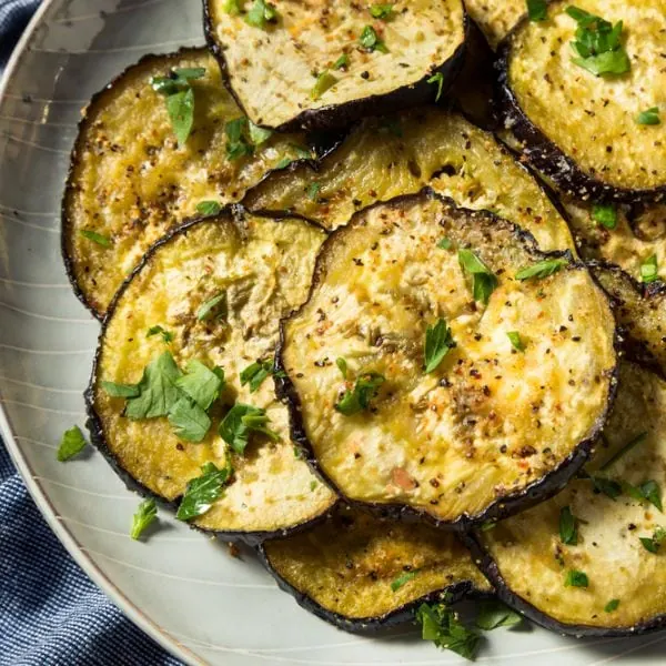 Easy Roasted Eggplant with seasoned on a plate