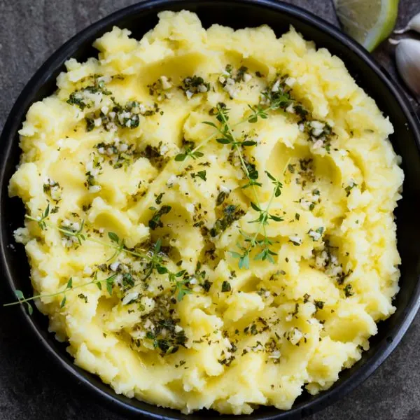 Homemade Garlic Mashed Potatoes in a serving bowl