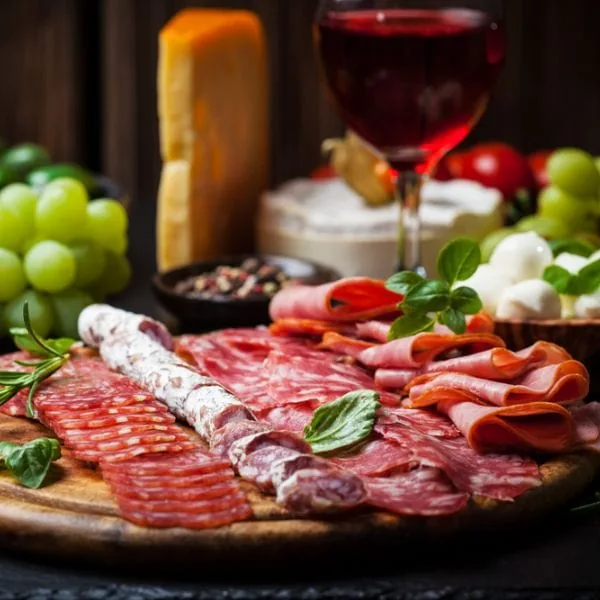 Multiple slices of different types of salami on a wooden board