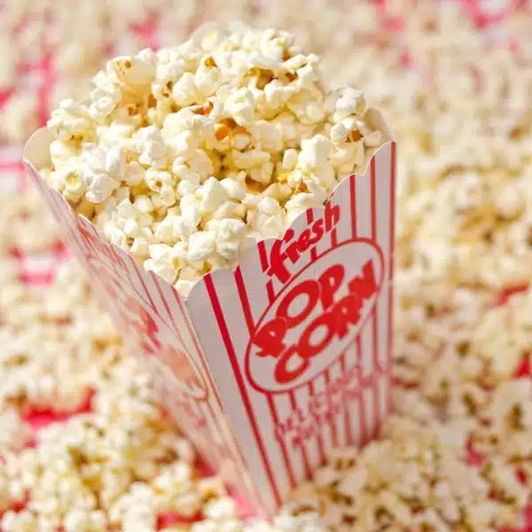 Popcorn in a movie theater popcorn box