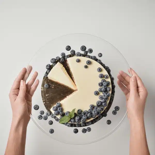 Someone holding cheesecake with fresh blueberries on a white table